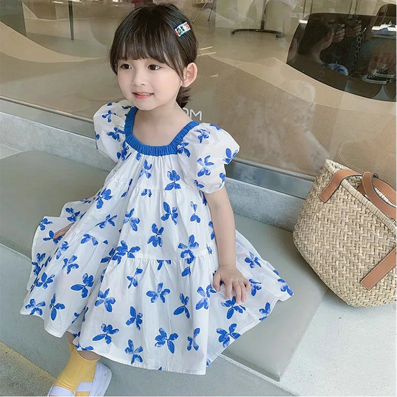 Girls Summer Blue Butterfly Print Dress – Square Neck Puff Sleeve Princess Dress, Korean Style Kids Fashion