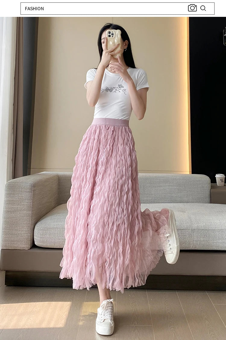 Elegant Pleated Midi Skirt, High Waist A-Line Flowy Maxi Skirts for Women, Soft Draping Skirt, Fairy Skirt for Spring Summer