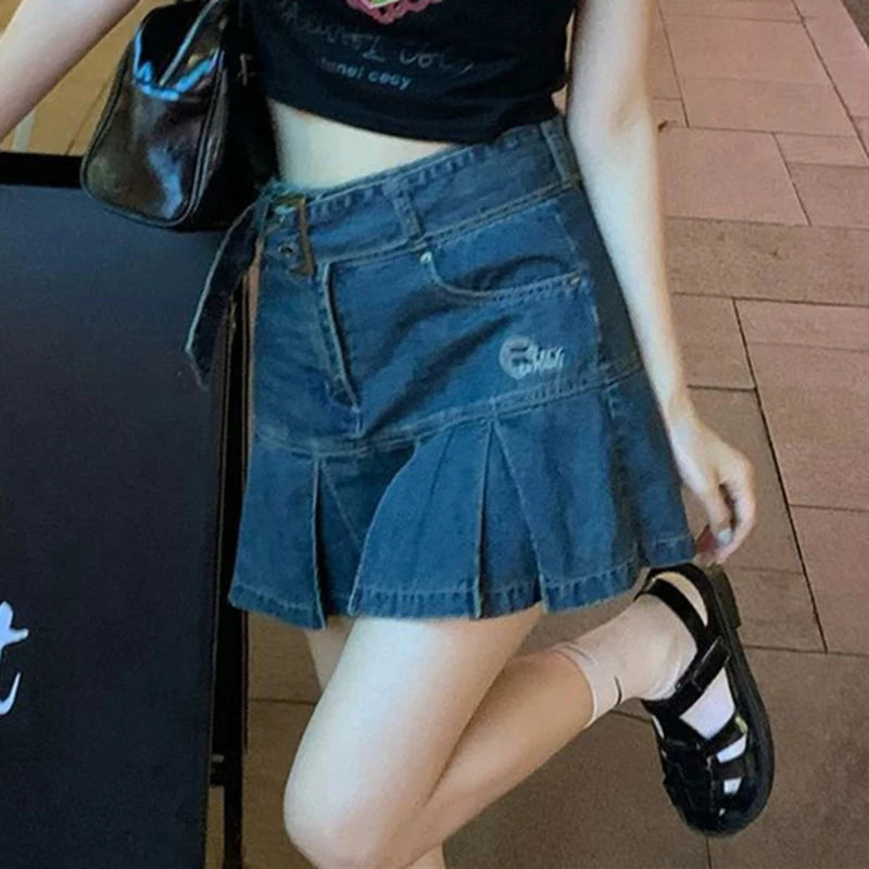 Korean Blue Denim Skirt Women Harajuku Y2K Pleated Mini Skirt Street Vintage Preppy Style High Waisted Embroidery Skirt