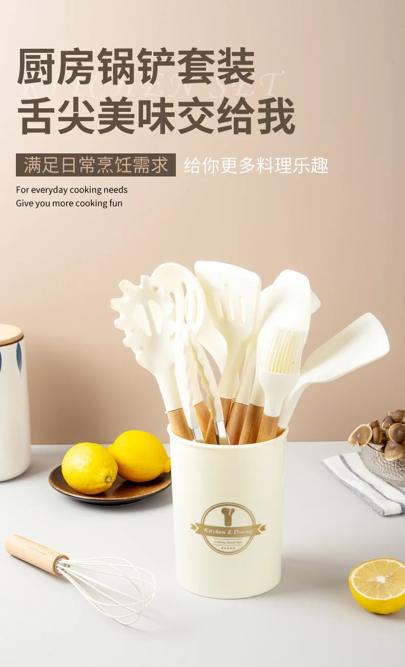 2/12Pcs White Silicone Kitchen Utensils Set with Wooden Handle,Cookware Spatula, Heat Resistant Non-stick Kitchen Cooking Tools