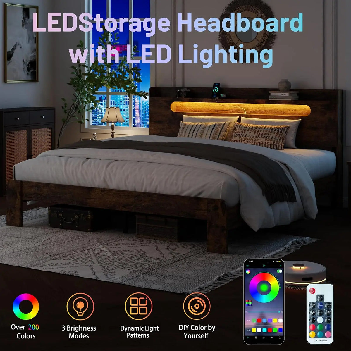 King Frame with Storage Headboard and Charging Station, Brown | Platform Bed Frame, LED Lights, Wooden Slats,, Customized
