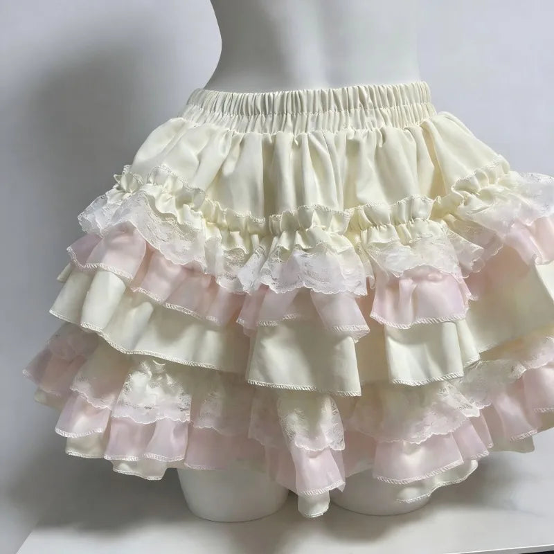 Streetwear Y2k Lolita Sweet Ballet Puff Cake Skirt Women Skirts A-line Harajuku Elastic High-waist Skirt Ruffled Design Clothing