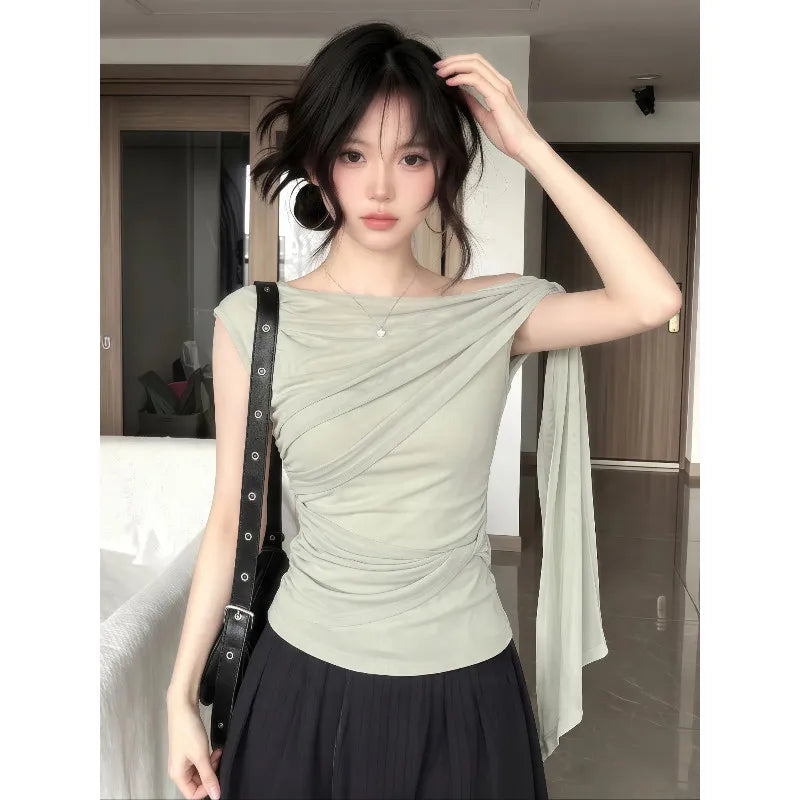 Elegant plus Size Women's T-Shirt Shoulder Bared Slim Fit Summer New Style Korean Version Commute Style Short Sleeve Top