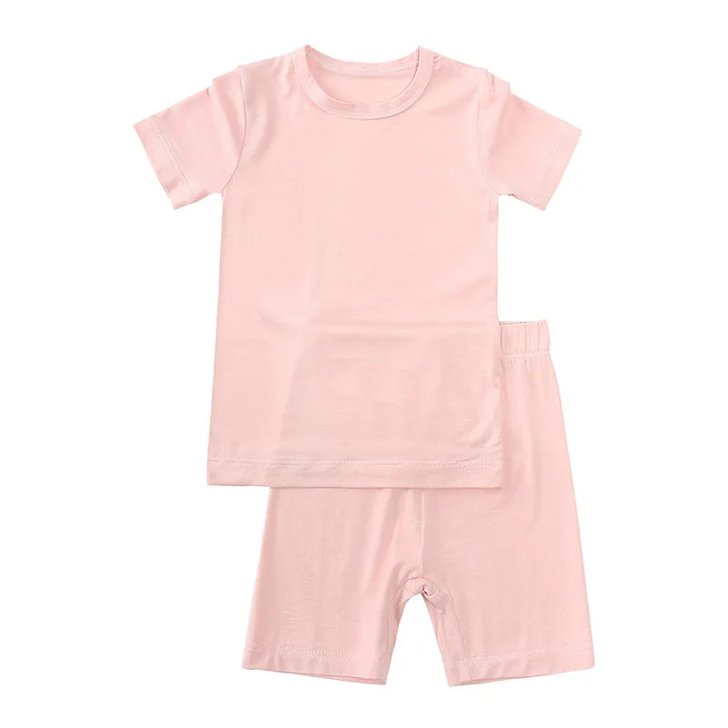 2-Pcs Summer Children's Bamboo Fiber Short-sleeved Shorts Suit Boy Casual Breathable Top Baby Girl Pink Sweet Soft Home Clothes