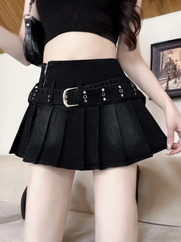 High Waist A-Line  Skirt Women's Denim Pleated Half Body Summer New Style Comfortable Soft Korean Version City Commute
