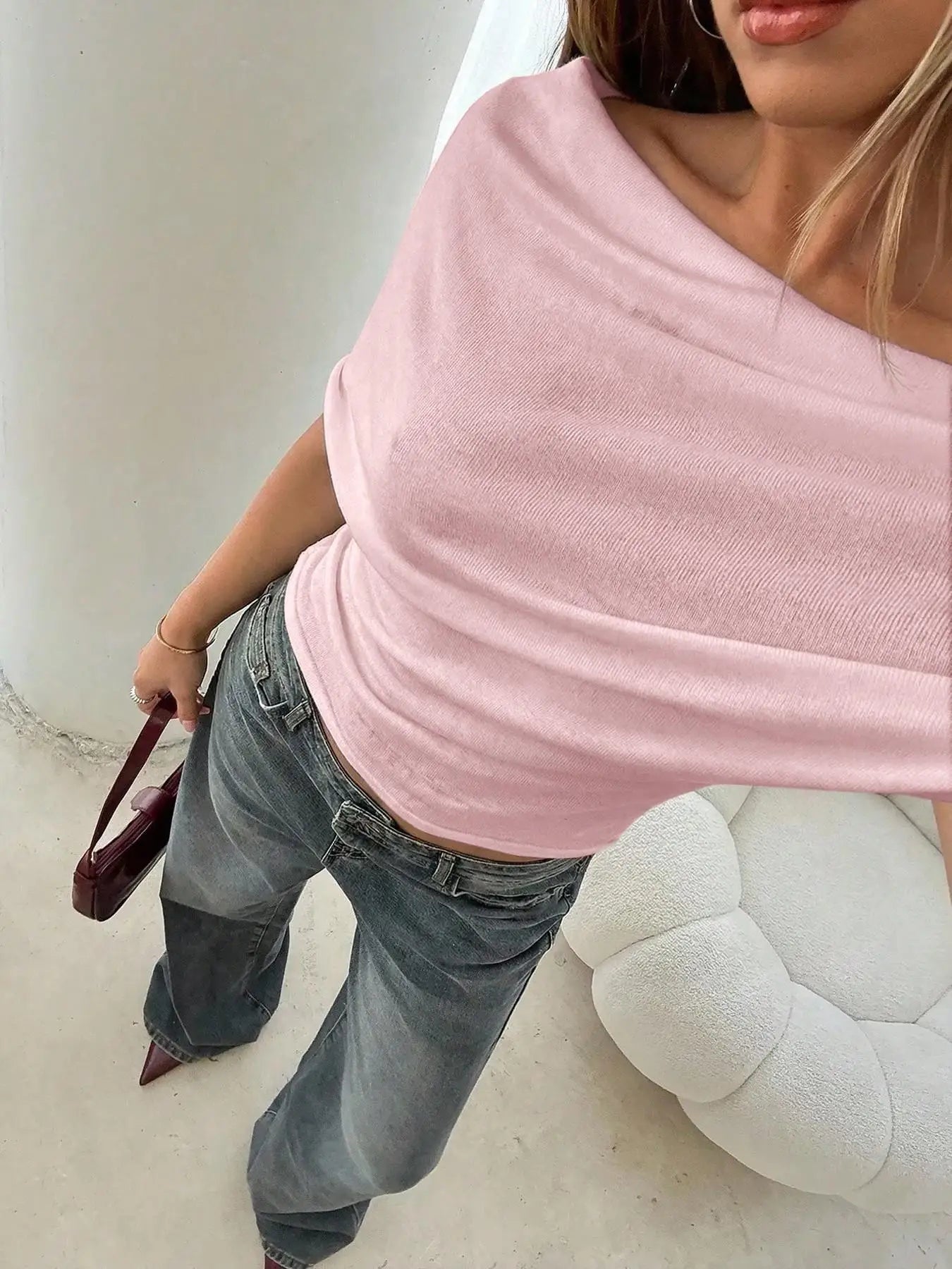 Women's Fashion Sexy Hot Girl One Shoulder T-Shirt 2026 Summer New Slim Bat Sleeve Solid Color Versatile Top T-Shirt Female