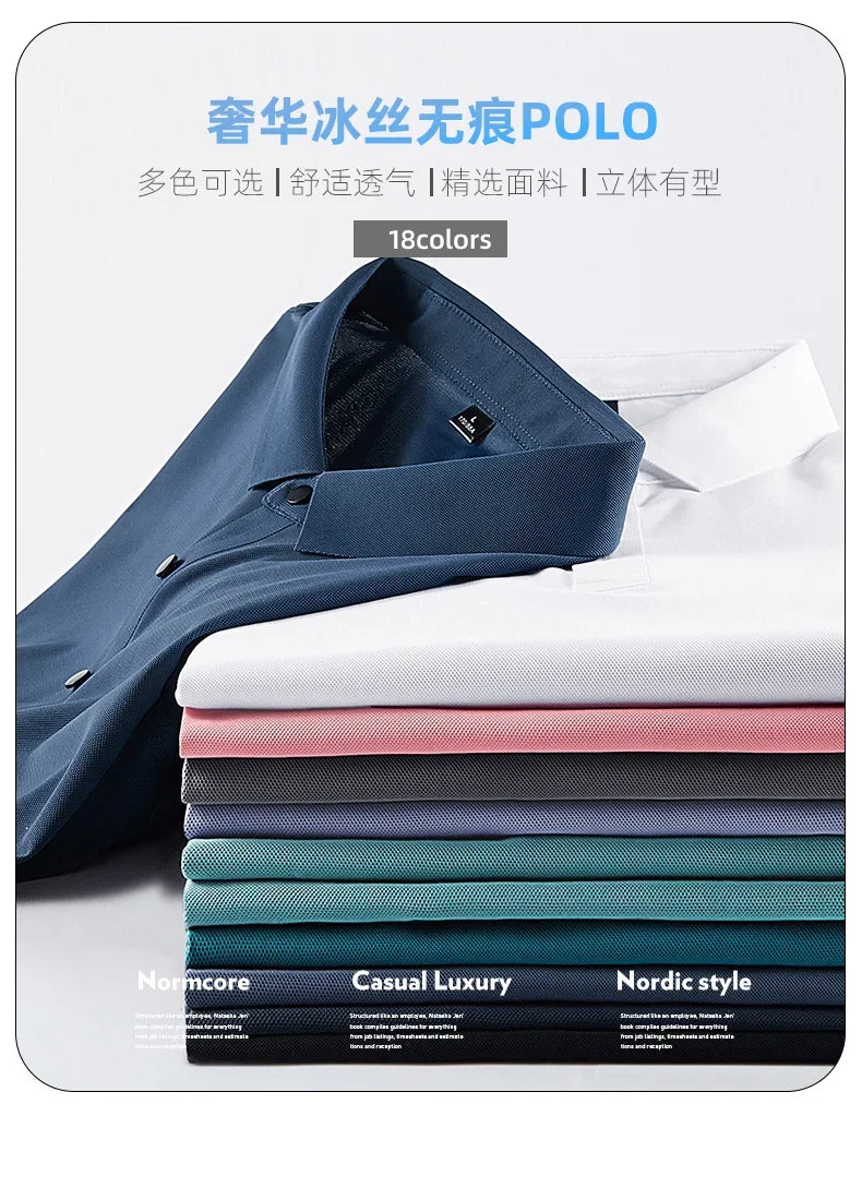 Summer Ice Silk Quick Drying Loose Polo Shirt Middle Aged Men's Solid Lapel Button Simple Versatile Casual Thin Short Sleeve Top