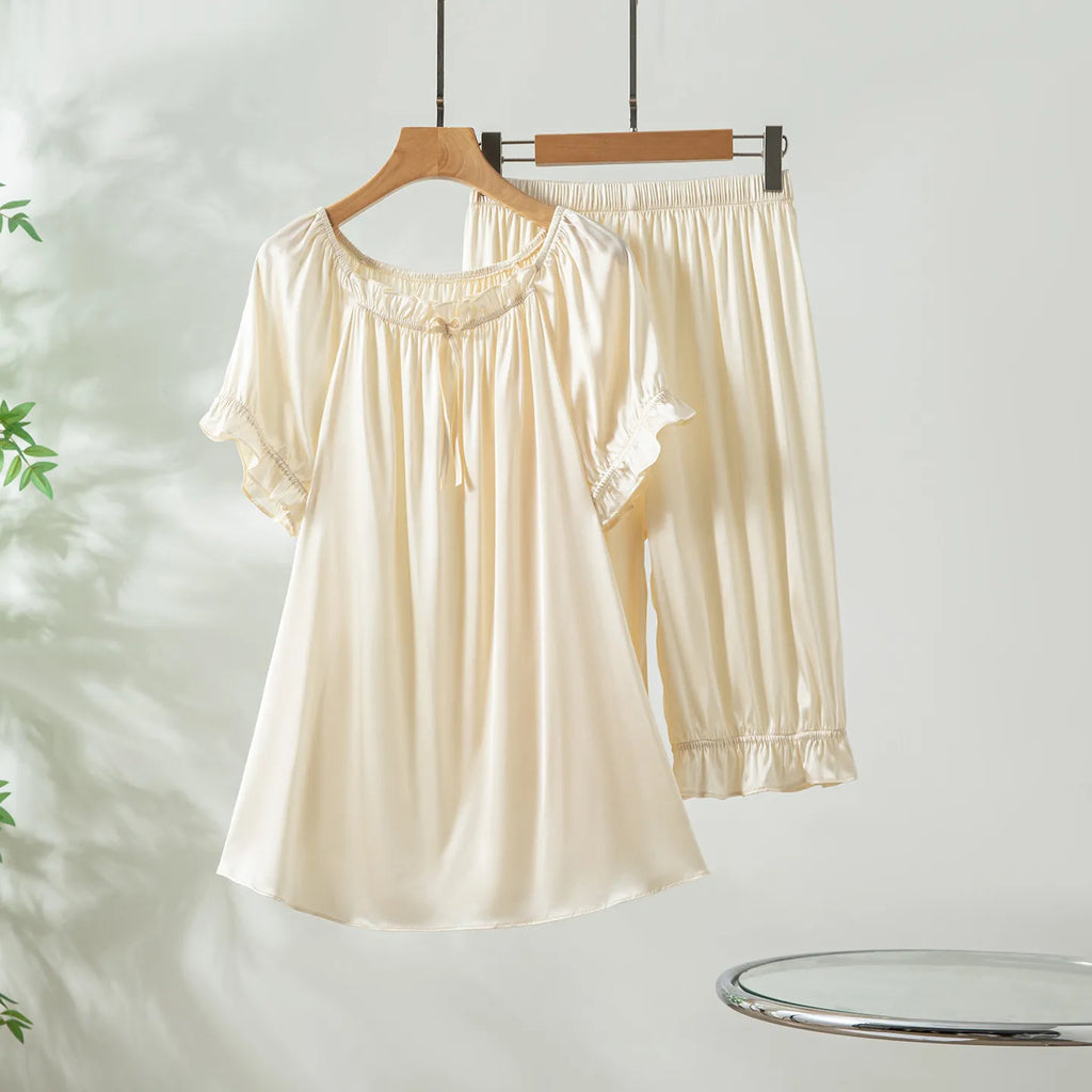 YOLANFAIRY 93% Real Mulberry Silk Pajamas for Woman 2026 Spring Summer High-end Sets Woman 2 Piece Short Sleeve Pijamas De Mujer
