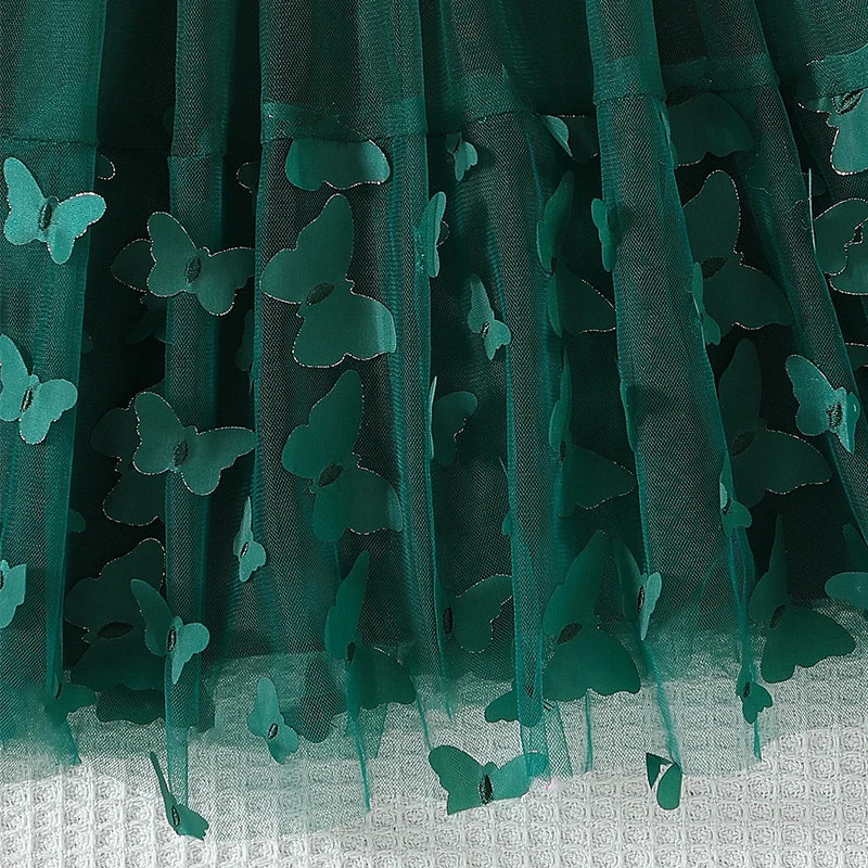 3-8Y Kid Girl Tulle Dress 3D Butterfly Short Sleeve Square Neck Mesh A-Line Dress for Spring Summer