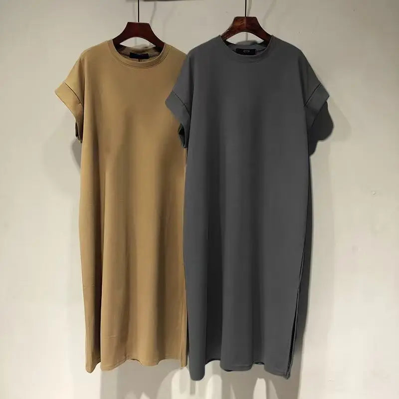 Women Cotton T-Shirt Dress Crew Neck Short Sleeve Loose Split Side Summer Casual Maxi Dress