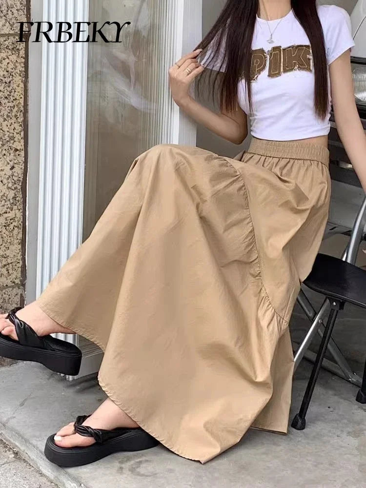 Elegant Women's Skirt Autumn New A-line Simple Fashion Solid Color Bustier Korean Pleated Splicing Elastic Waist Long Skirt