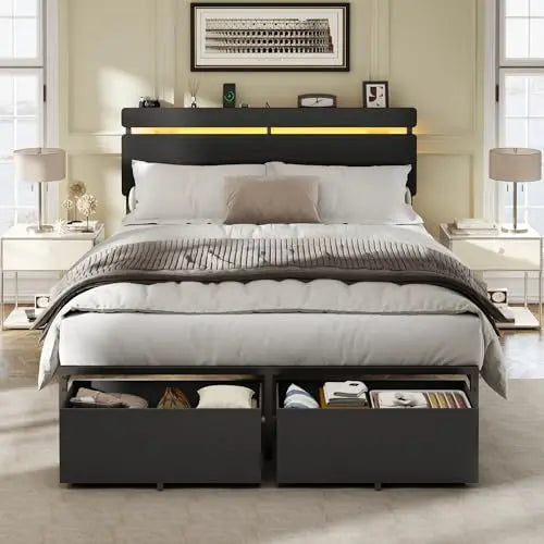 Full Size Bed Frame with Wood Headboard,2 Storage Drawers & Shelf | Built-in Charging Station & LED Lights, Metal