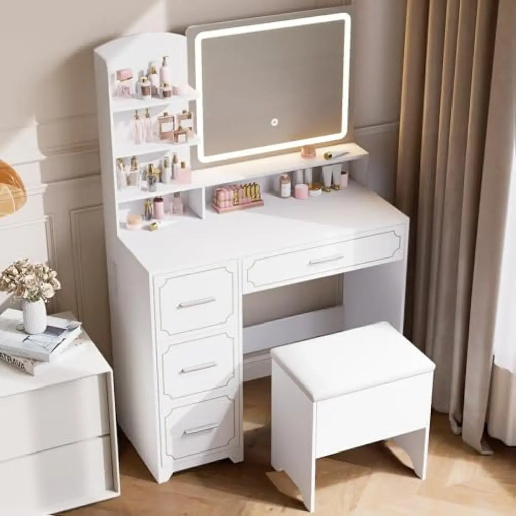 Vanity Table with LED Mirror & Power Outlet - 5 Open Shelves, 4 Drawers - Includes Padded Stool - Ideal Bedroom Makeup Dressing
