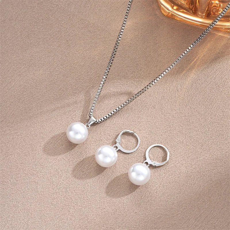 Imitation Pearl Pendant Jewelry Set For Women Vintage Gold Tone Necklace And Earrings Elegant Gift For Weddings
