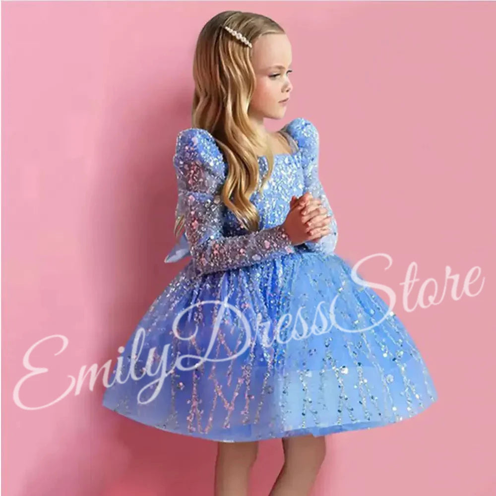 Customized  Flower Girl Dress for Wedding Sequins Full Sleeves Puffy Pageant Baby Gown First Communion Birthday Party  Dress