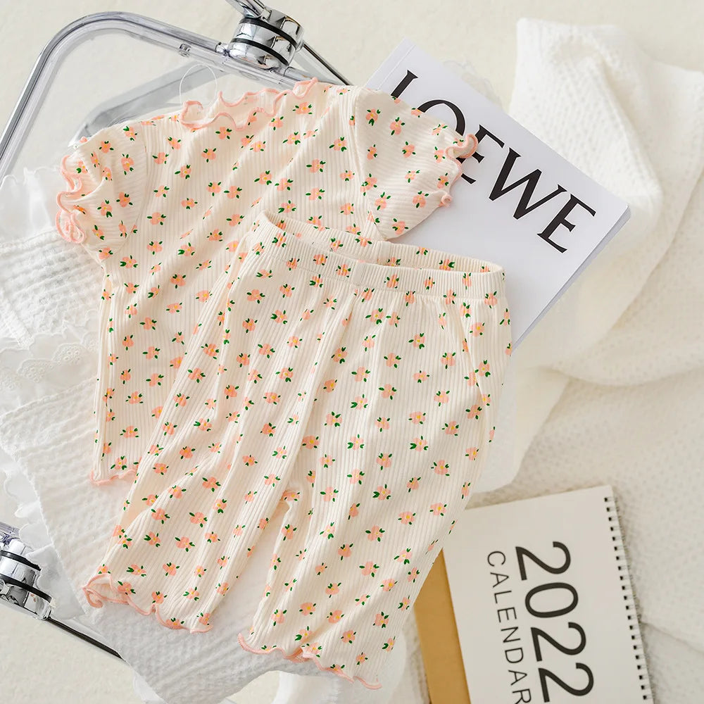 Baby Girl Floral Short Sleeve Pajama Set - Summer Two-Piece Outfit