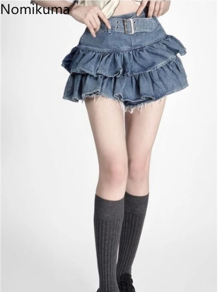 Sweet Denim Skirts Women 2025 Faldas Mujer De Moda High Waist A-line Ruffles Jupe Fashion Korean Saia Casual Summer Mini Skirt