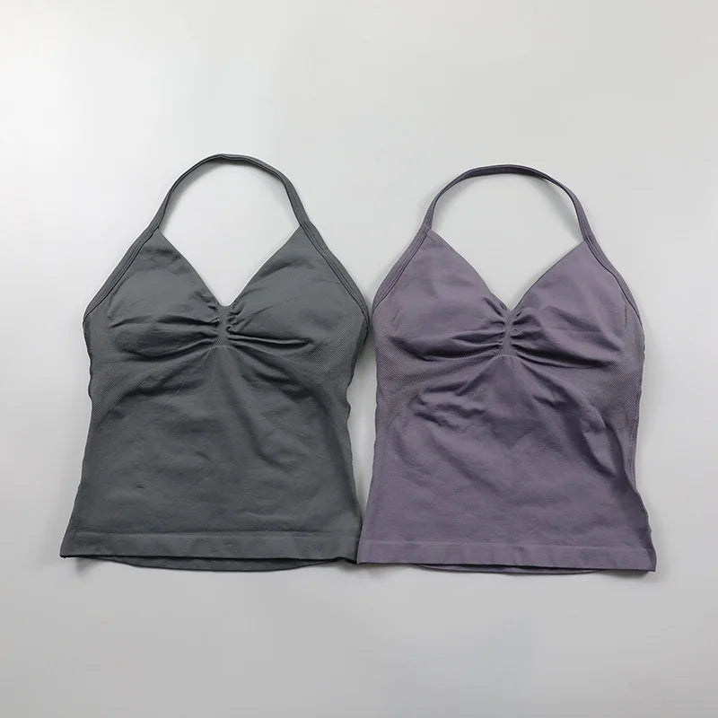 No Logo Longline Strappy Top Women Seamless Yoga Tank Top Ruched Backless Gym Clothes Workout Sleeveless Shirt With Built In Bra
