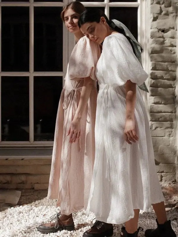 Long Dress Women Dresses Vestidos Lace Up V Neck Puff Sleeve Solid High Waist Female A Line Office Lady Summer 2025 Maxi Gown
