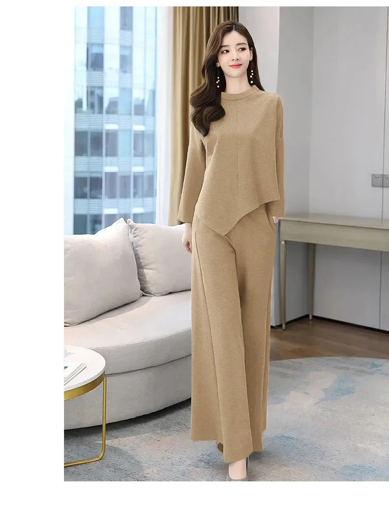 Spring Autumn Wide Leg Pants Set Women's Anti Aging Belly Cover Slimming Casual Elegant Skirt Pants Two Piece Set