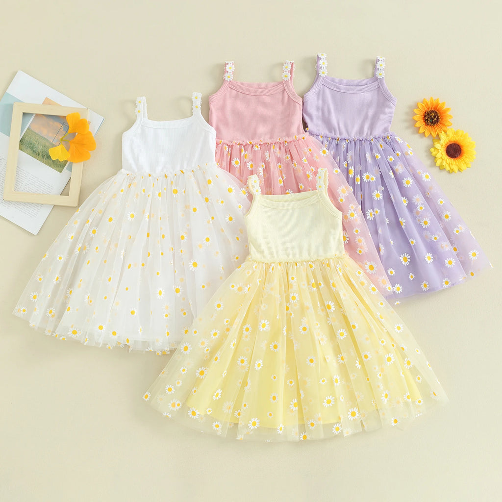 Baby Girls Daisy Mesh Patchwork Princess Dress A Line Sleeveless Lightweight Breathable Beach Party