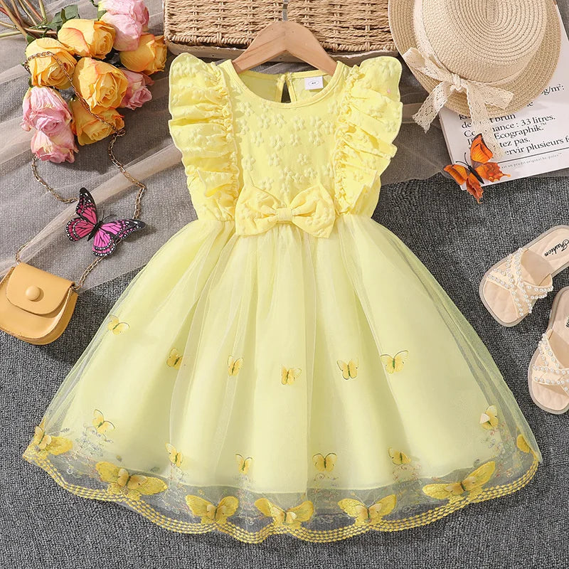 2026 New Children Cute Puff Dresses Kids Bow Embellish Butterfly Print Skirt Girls Birthday Party Trend Gown Baby Sweet Clothes