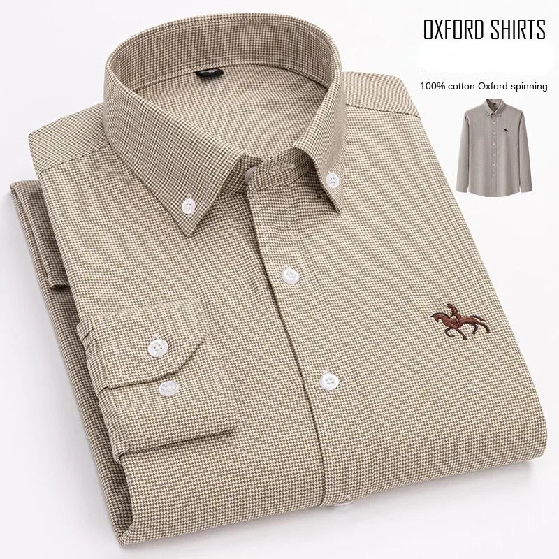 Premium Pure Cotton Oxford Shirt For Men Long Sleeve With Embroidered Horse Design Regular Fit White Dress Shirt
