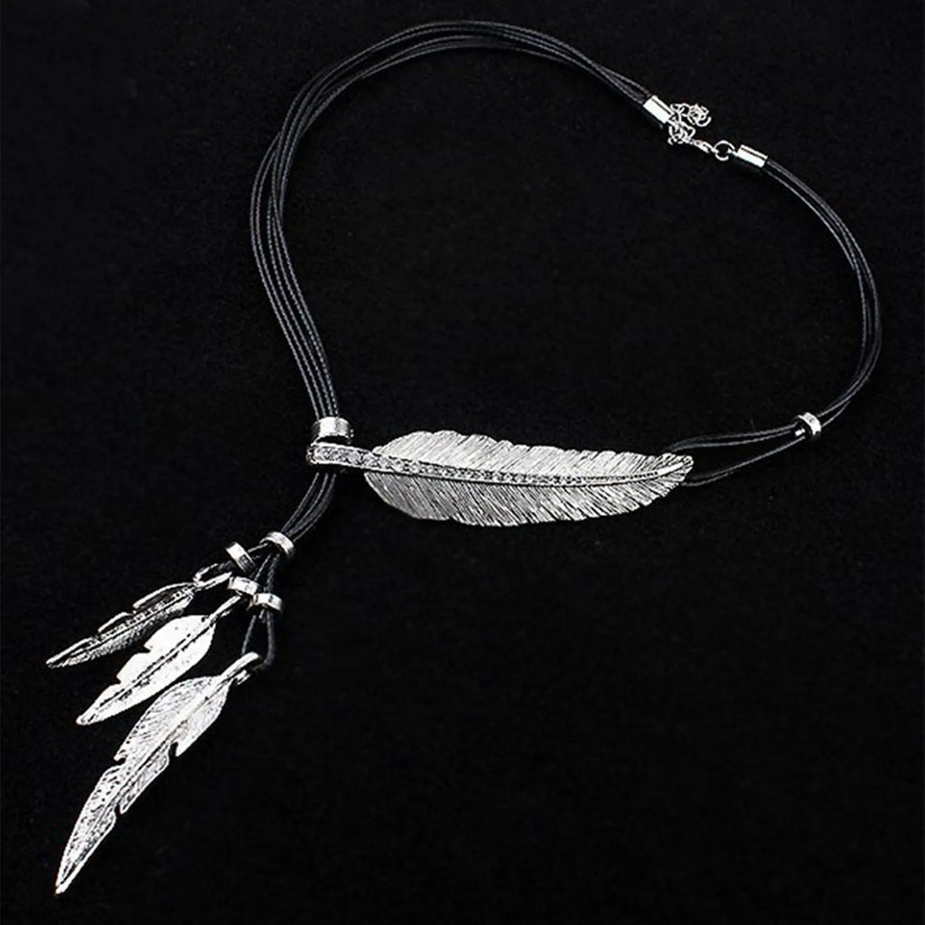 Bohemian Leaf & Feather Rope Chain Pendant Necklace