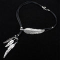 Bohemian Leaf & Feather Rope Chain Pendant Necklace