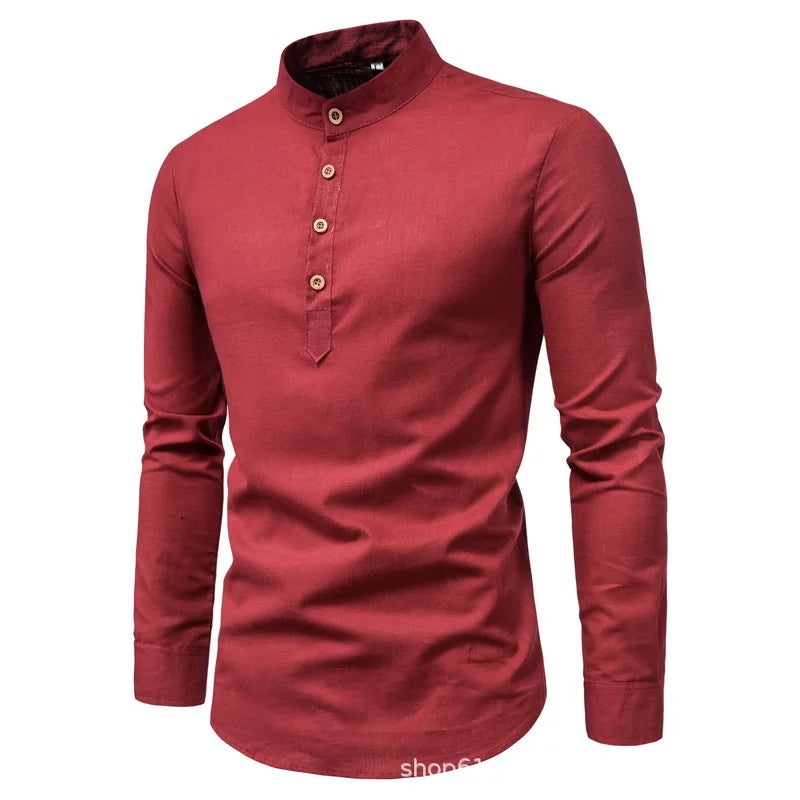 Men's Solid Color Casual Slim Fit Stand Collar Long Sleeve Shirt