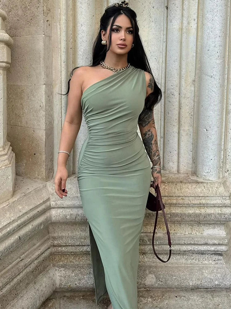 Elegant Backless Maxi Dress With One Shoulder Silhouette For Modern Women Rooftop Ready