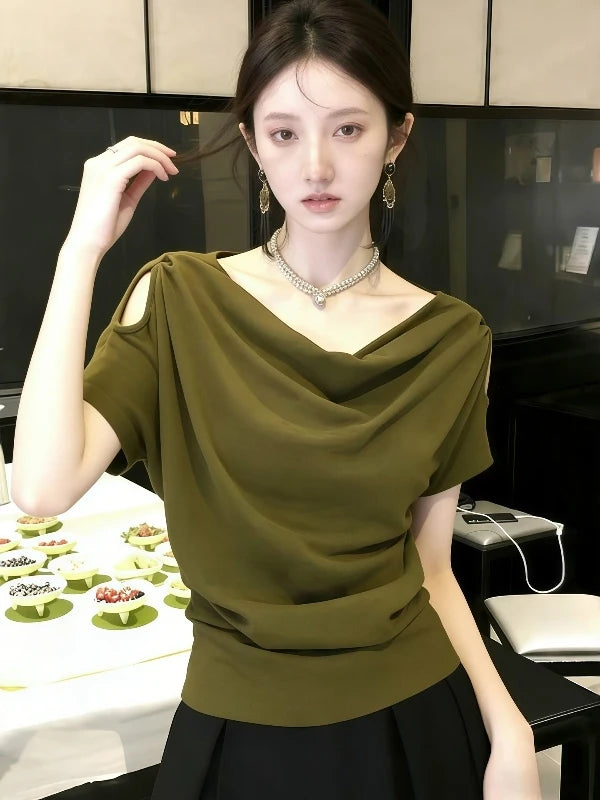 Unique Beautiful Shoulder-baring Short Sleeve T-shirt Women's Summer 2026 New plus Size Loose Fit Korean Style Creative Pattern
