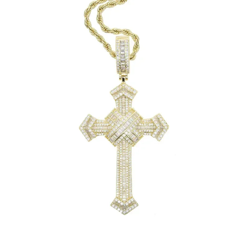 Moissanite Cross Pendant Necklace 14K Gold Long Chain Unisex Jewelry For Women And Men