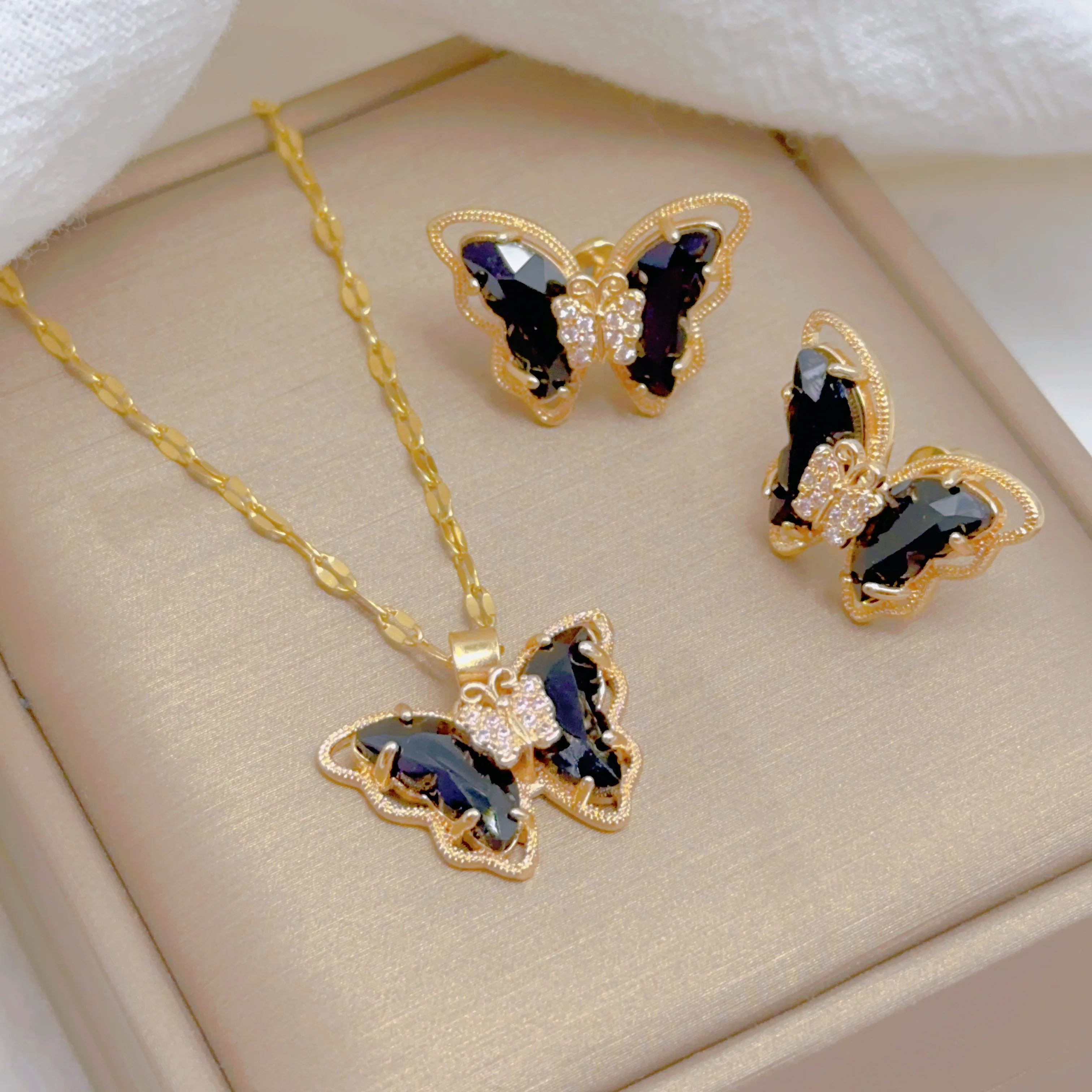 Butterfly Necklace Earrings Set For Women Micro Inlaid Design Stainless Steel Jewelry Luxury