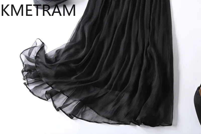 KMETRAM 100% Natural Mulberry Silk Dresses 2025 Woman Summer Elegant V-neck Long Dress Party Frocks Women Clothing Vestidos