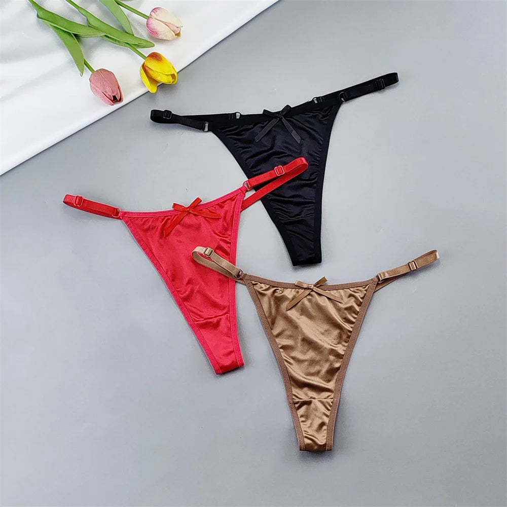 3pcs Women's Low-Rise Satin G-String Thong Panties - Adjustable