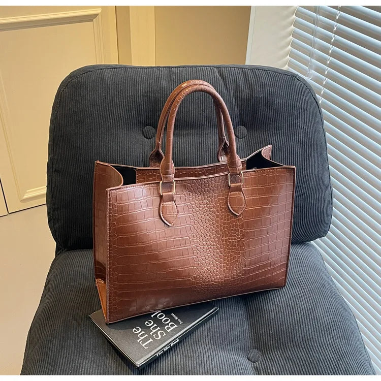 Spring 2025 Large Capacity Fashionable Handbag Casual Commuting Trendy Crocodile Pattern Tote Bag Street Style PU Material