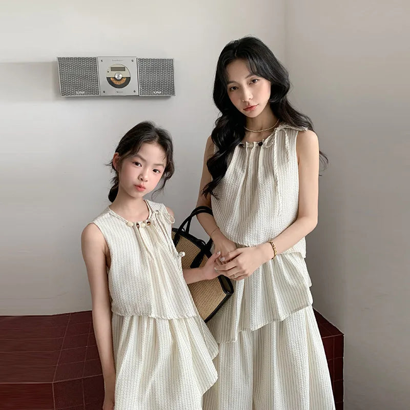 Mommy and Me Clothes Striped Print Family Matching Outfits Holiday Look Button Shirt Ruffles Dress Casual Clothing Set Beachwear