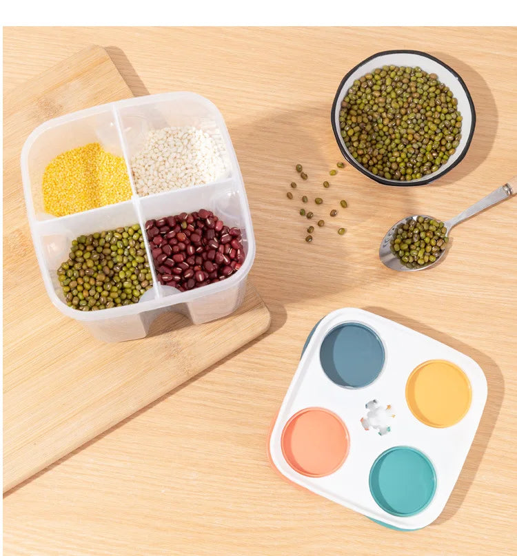 Caja de almacenamiento de cereales para cocina, de plástico, con 4 compartimentos, tarro sellado para cereales, recipiente para alimentos, tanque de grano a prueba de humedad, caja para mantener frescos los espaguetis