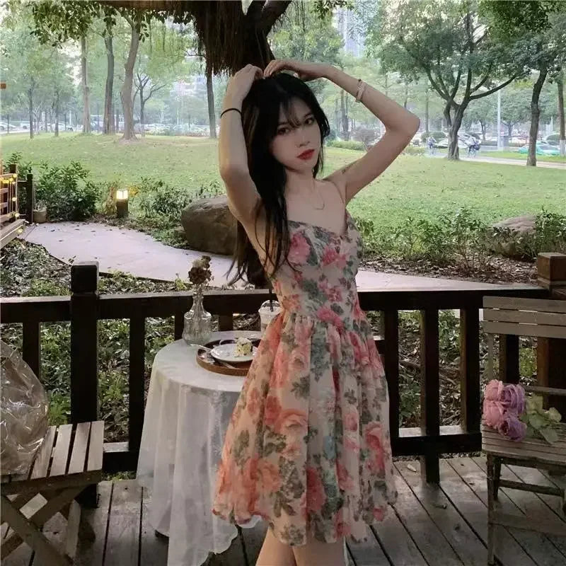 Nice Elegant High-waisted Slimming Floral Tank Dress For Women Spring Summer French Style Petite Mini Dress A- Line Sleeveless