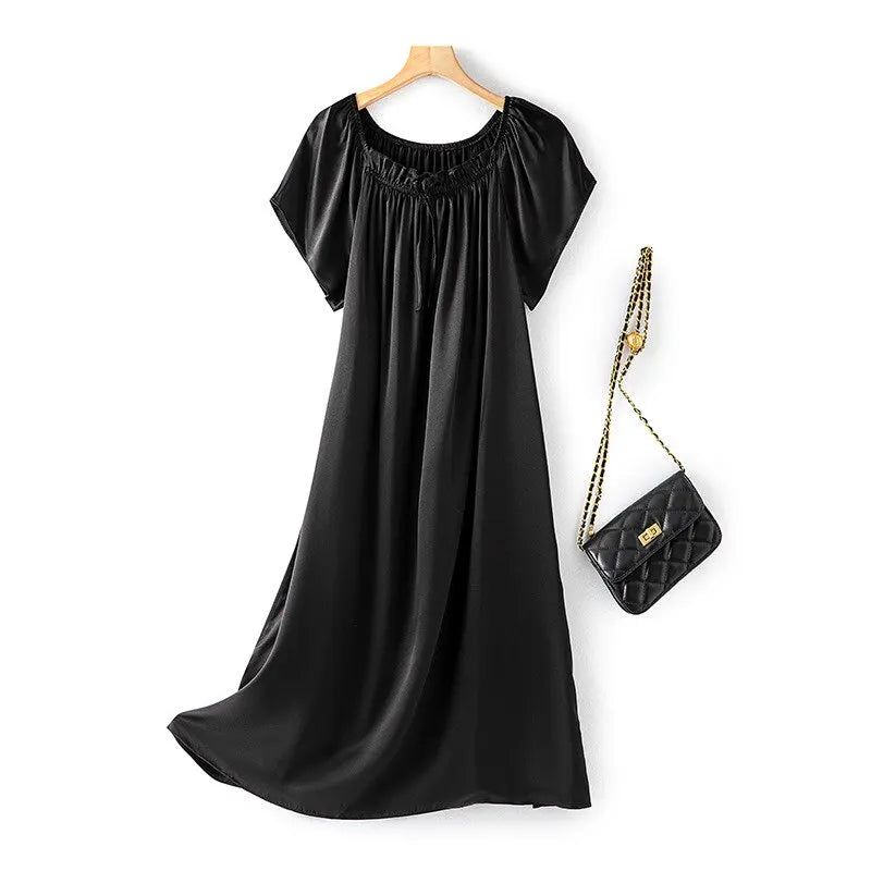 Loose 100%Silk Short Sleeve Nightgown, Summer Medium-long Satin Sleepwear Woman