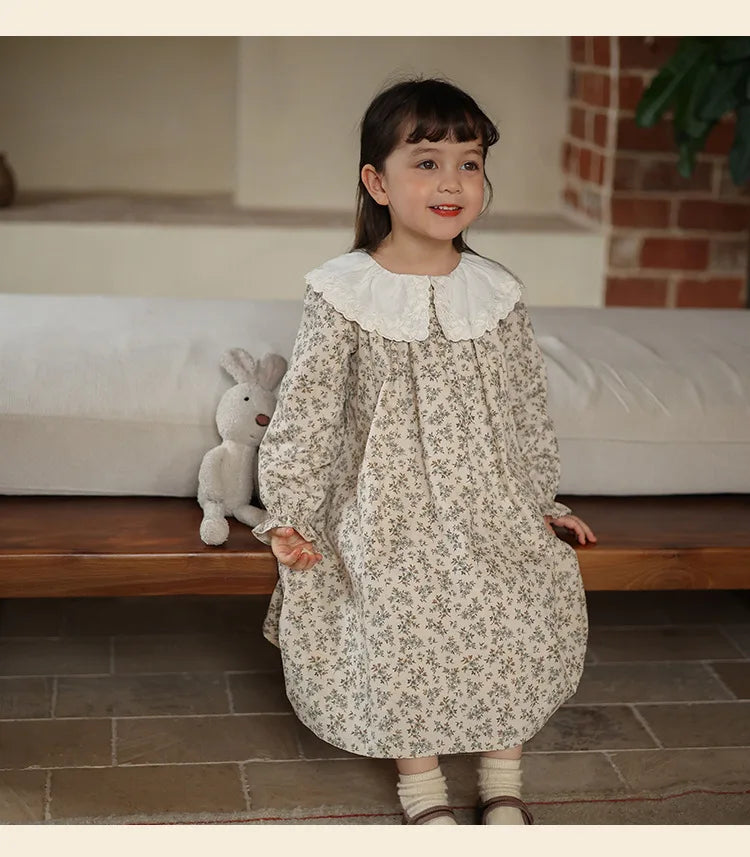 Children Girl Vintage Dress Spring Autumn Lace Turn Down Collar 2-8Y Princess Dress Fragment Flower Long Sleeve Baby Girls Dress