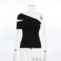 Trendix Black Bodycon Crop Tops For Women's 2026 Summer Off Shoulder Tank Top Street Slim Party Sexy Asymmetric Vacation Top