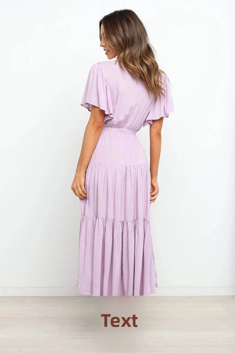 Summer Bohemian Long Dress Pure Color V-Neck Short Sleeve Empire Waist Design Floor Length with Belt Loose Fit Women's Dress
