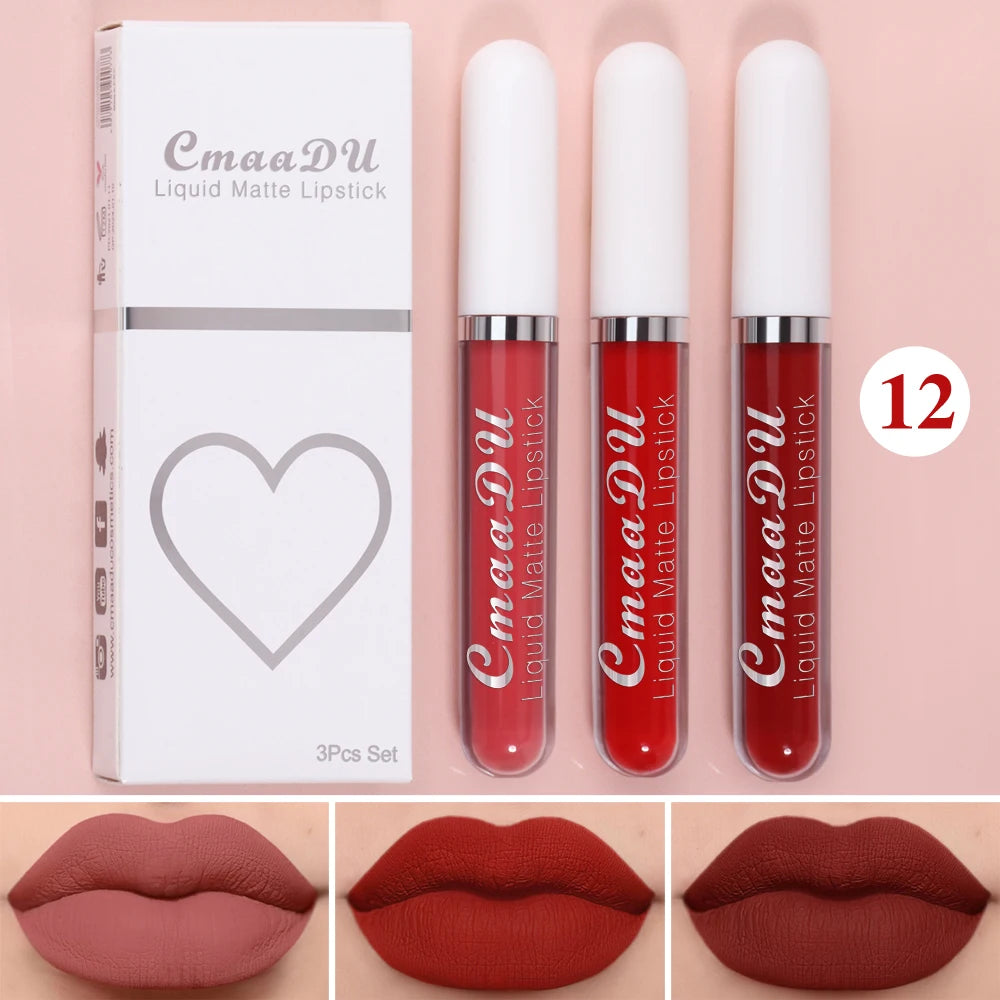 Cmaadu 3-Piece Matte Lipstick and Lip Gloss Set - Waterproof