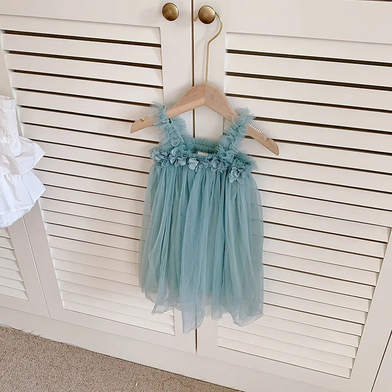 Kids Sweet Mesh Dress 1-6T Summer Children Mesh Tulle Princess Slip Tutu Dresses Girls 6 Colors 3D Flower Mermaid Birthday Dress