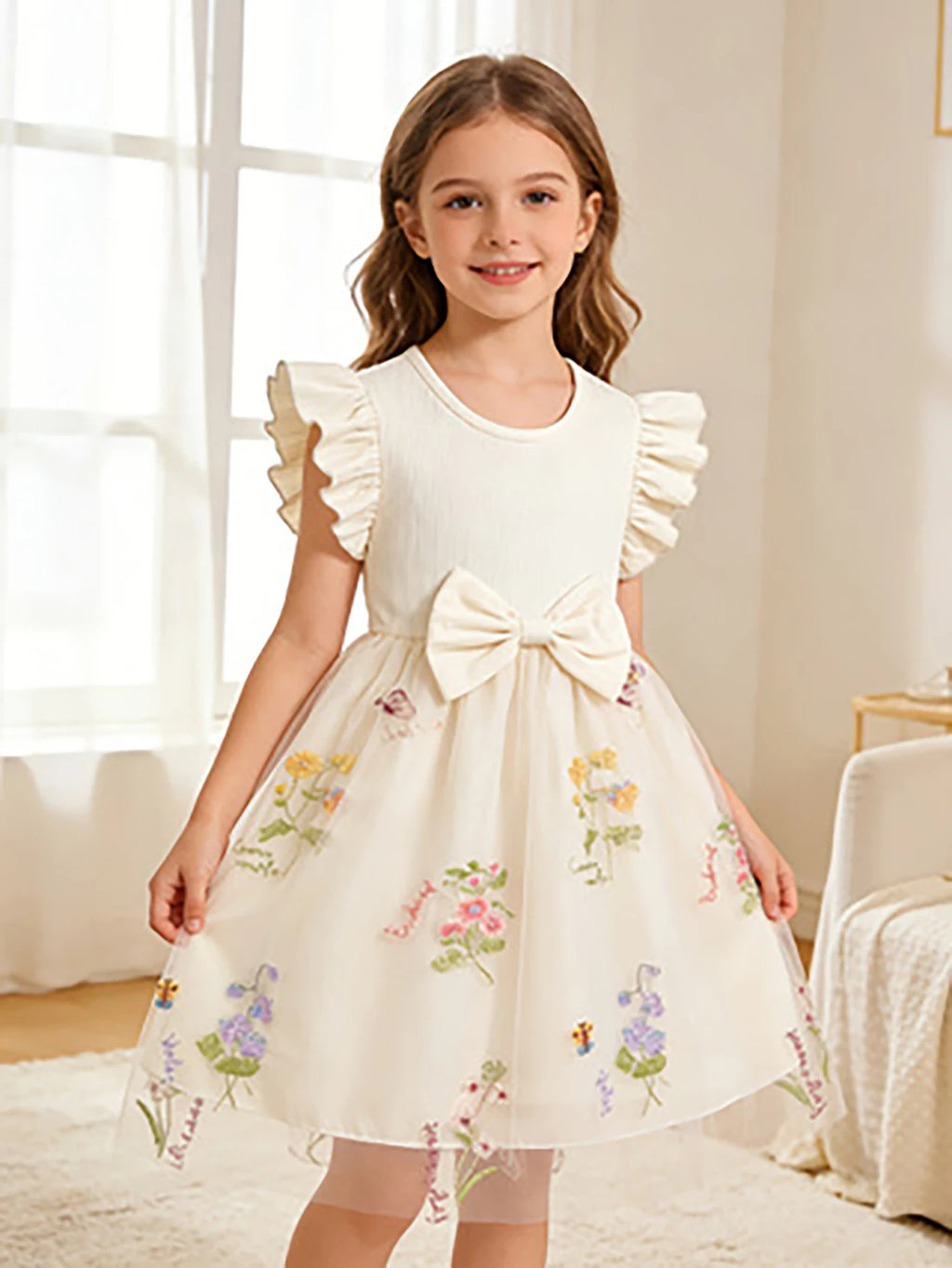 Girls' Off-White Floral Tulle Princess Dress, Summer Flutter Sleeve Dress with Big Bow