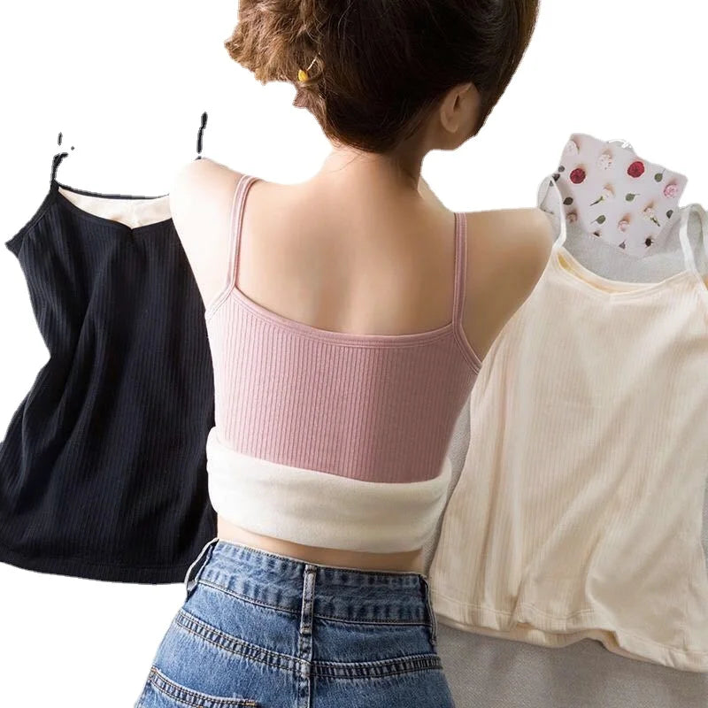 Women'S Winter Warm Underwear Solid Color Thermal Casual Nightwear Sexy Elasticity Female Thin Velvet T-Shirt Sleeveless Tops