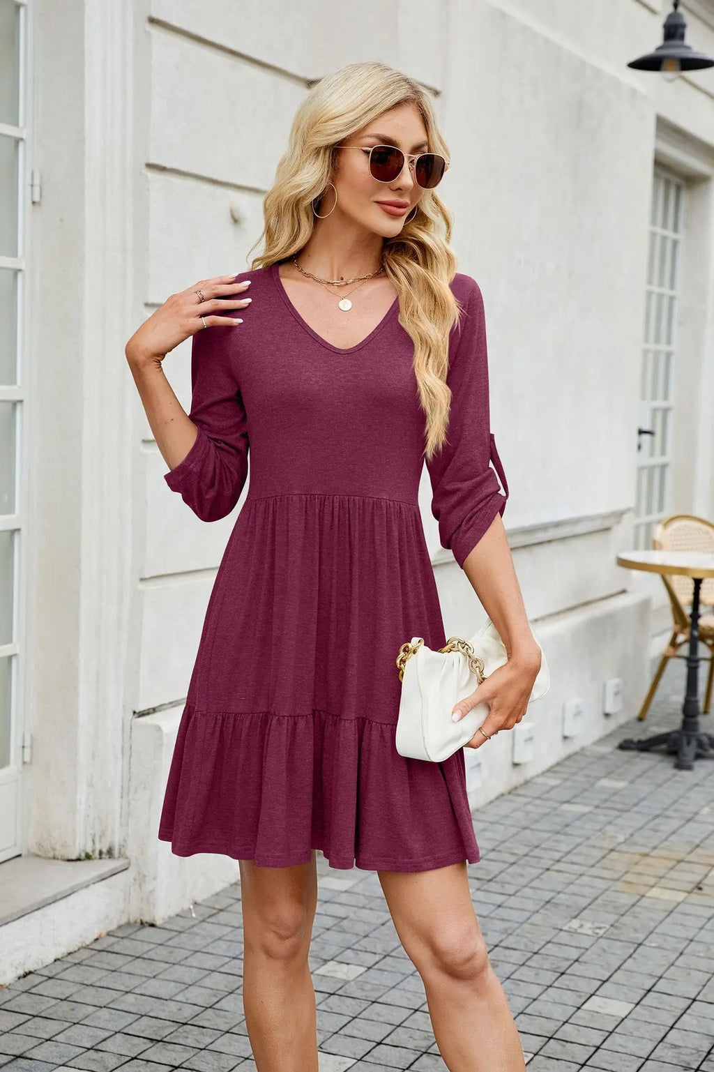 Women Spring Summer Loose 3/4 Sleeve V-Neck Ruched Ruffled Flowy Midi Dress EU US