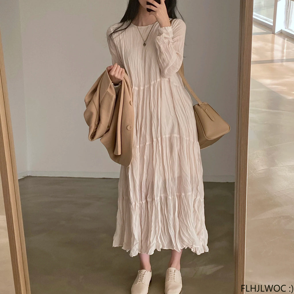 Autumn Spring Wrinkle Loose Dresses New Hot Women Cute Japan Style Retro Vintage Girls Holiday Casual Solid Apricot White Dress